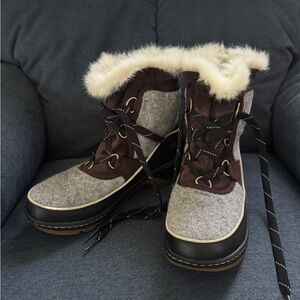 Sorel Gray and Brown Fur-Trimmed Winter Boots